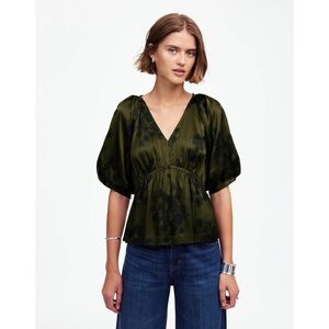 Madewell Blouse Shirred Puff-Sleeve Top in Satin Mossy Umber Floral XS NWT New